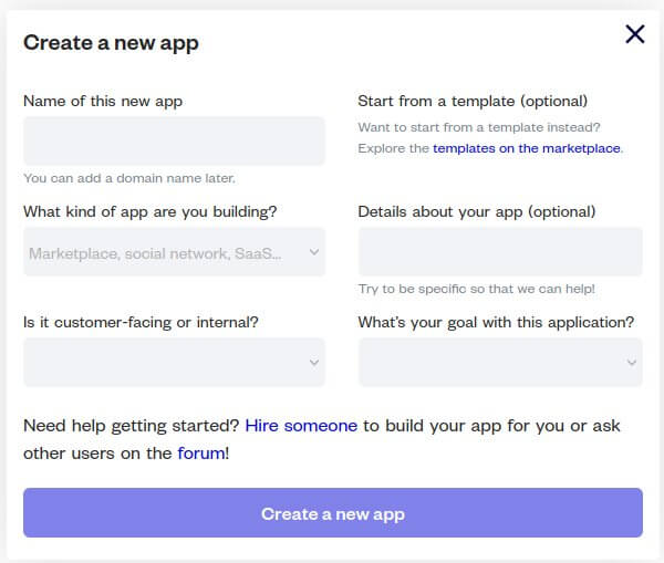 Create new application bubble.io